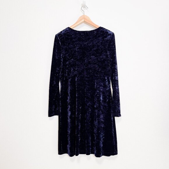 Vintage 90s Long Sleeve Dark Blue Crushed Velvet Empire Waist Dress Size 8 - Picture 7 of 14